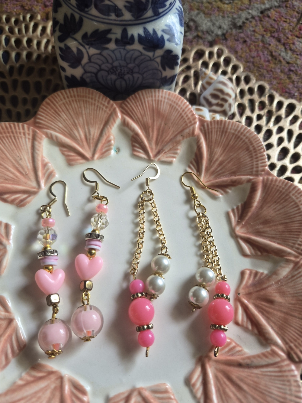 Pink Bead & Pearl Drop Earring Set — Gold-Tone Accents